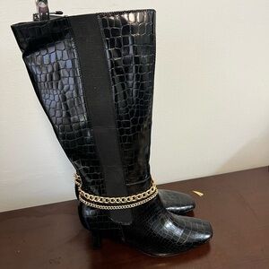 Cato black wide calf boots 10w croc embossed, with gold chain.